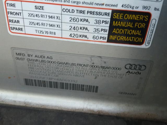 WAUNF78PX8A069392 - 2008 AUDI A3 2.0 PRE SILVER photo 10