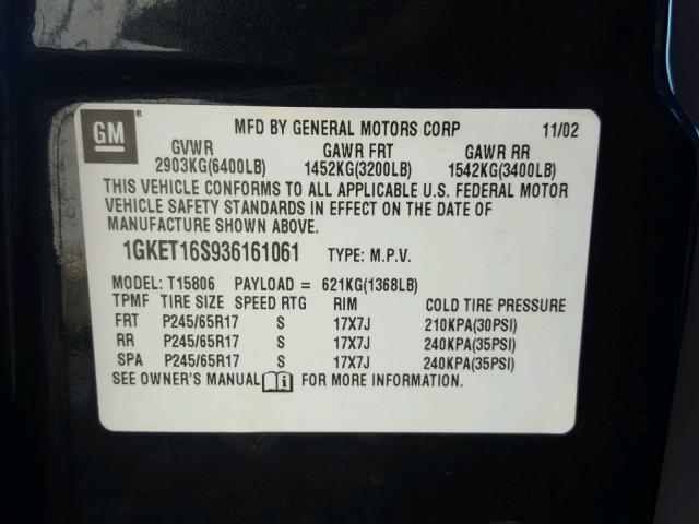 1GKET16S936161061 - 2003 GMC ENVOY XL CHARCOAL photo 10