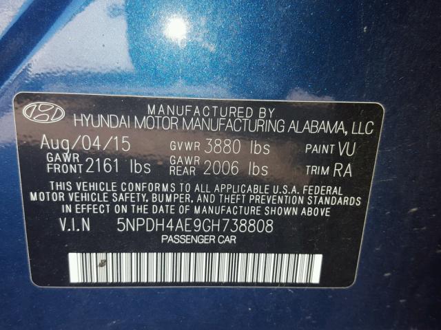 5NPDH4AE9GH738808 - 2016 HYUNDAI ELANTRA SE BLUE photo 10