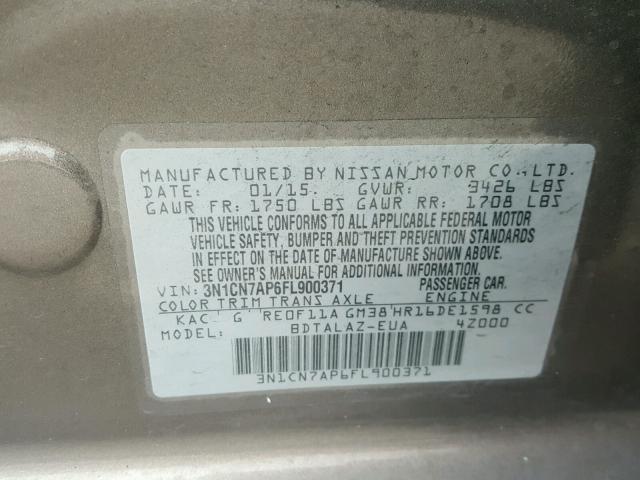 3N1CN7AP6FL900371 - 2015 NISSAN VERSA S GRAY photo 10