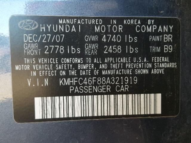 KMHFC46F88A321919 - 2008 HYUNDAI AZERA SE BLUE photo 10