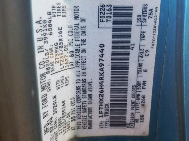 1FTHX26H4RKA97440 - 1994 FORD F250 BLUE photo 10