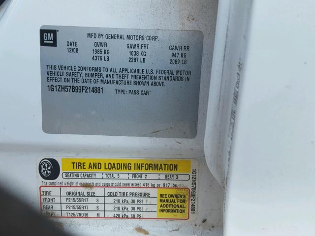 1G1ZH57B99F214881 - 2009 CHEVROLET MALIBU 1LT 白色 照片 10