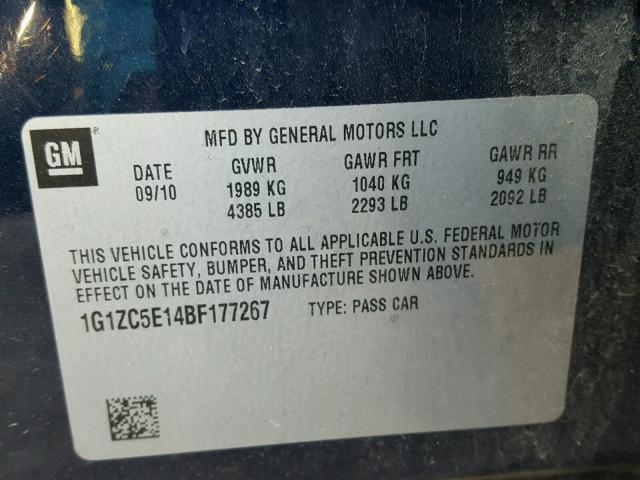 1G1ZC5E14BF177267 - 2011 CHEVROLET MALIBU 1LT BLUE photo 10