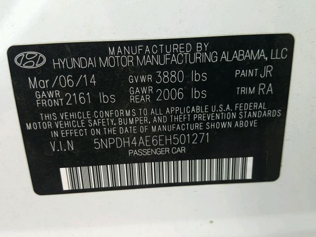 5NPDH4AE6EH501271 - 2014 HYUNDAI ELANTRA SE WHITE photo 10