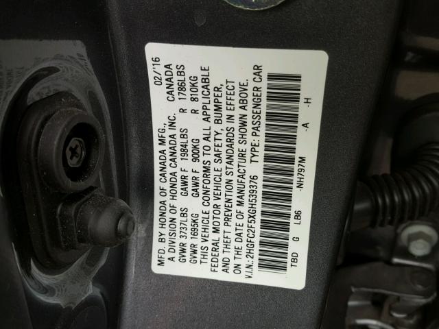 2HGFC2F5XGH539376 - 2016 HONDA CIVIC LX CHARCOAL photo 10