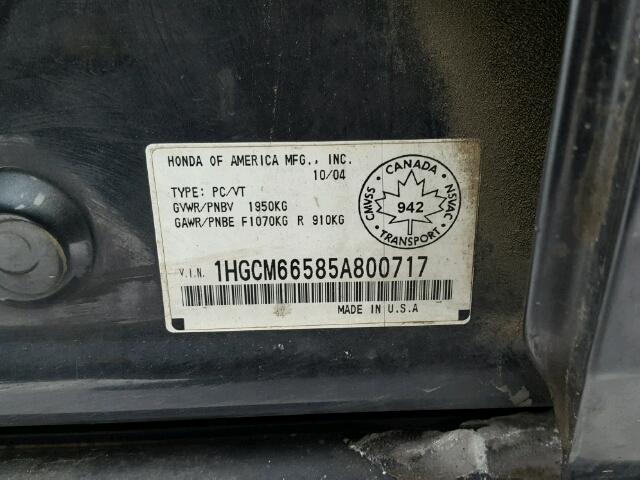 1HGCM66585A800717 - 2005 HONDA ACCORD EX GRAY photo 10