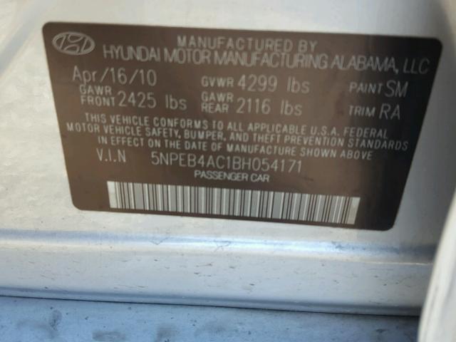 5NPEB4AC1BH054171 - 2011 HYUNDAI SONATA GLS SILVER photo 10