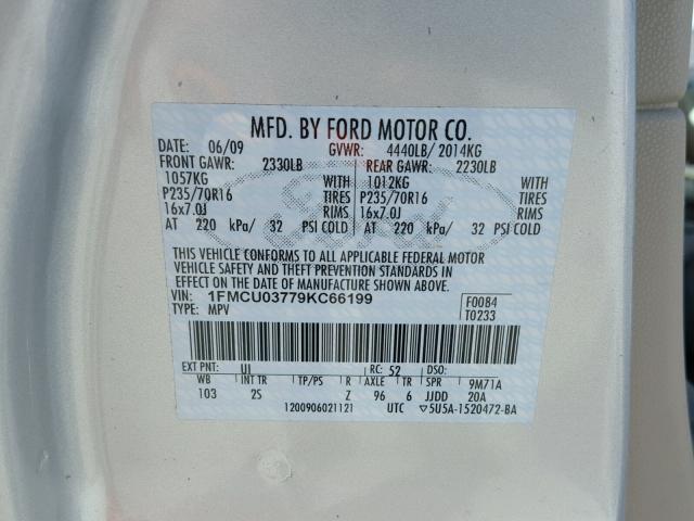 1FMCU03779KC66199 - 2009 FORD ESCAPE XLT SILVER photo 10