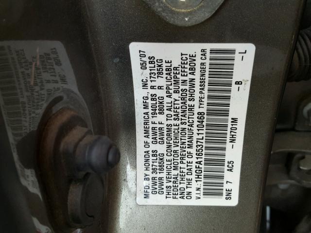 1HGFA16537L110468 - 2007 HONDA CIVIC LX GRAY photo 10