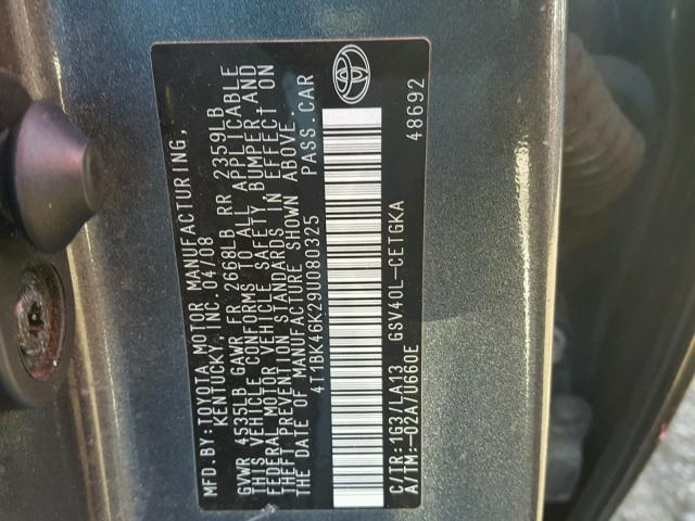 4T1BK46K29U080325 - 2009 TOYOTA CAMRY SE GRAY photo 10