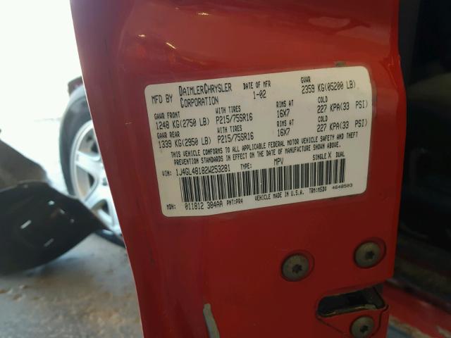 1J4GL48182W253281 - 2002 JEEP LIBERTY SP RED photo 10