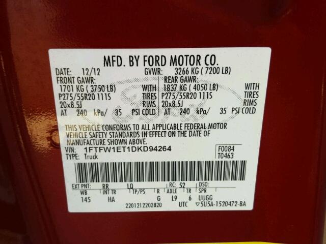 1FTFW1ET1DKD94264 - 2013 FORD F150 SUPER RED photo 10