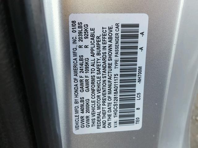 1HGCS12818A011175 - 2008 HONDA ACCORD EXL SILVER photo 10