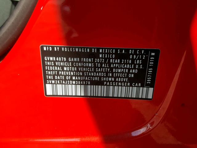 3VW2K7AJ2DM384978 - 2013 VOLKSWAGEN JETTA BASE RED photo 10