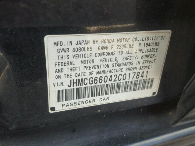 JHMCG66042C017841 - 2002 HONDA ACCORD EX BLACK photo 10