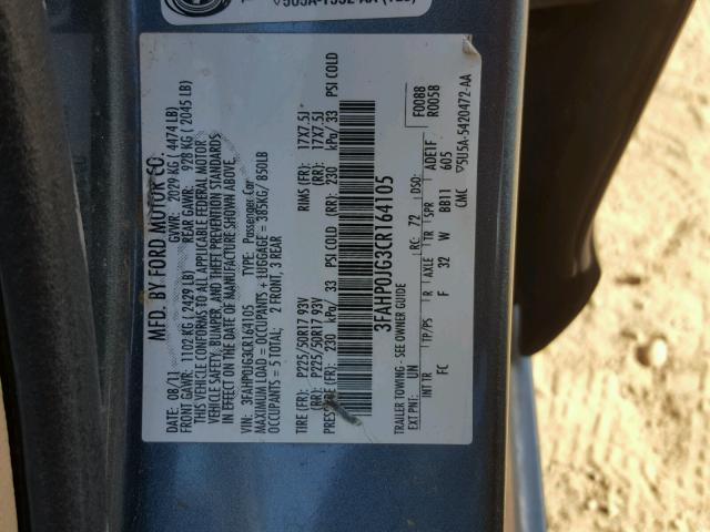 3FAHP0JG3CR164105 - 2012 FORD FUSION SEL BLUE photo 10