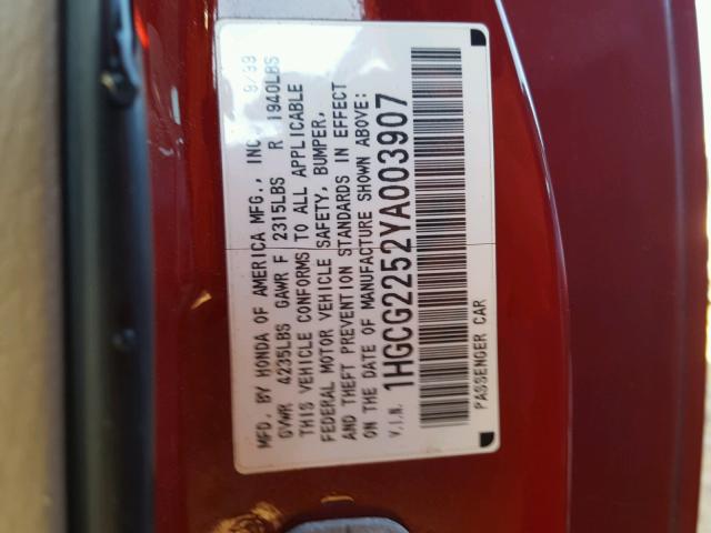 1HGCG2252YA003907 - 2000 HONDA ACCORD EX RED photo 10