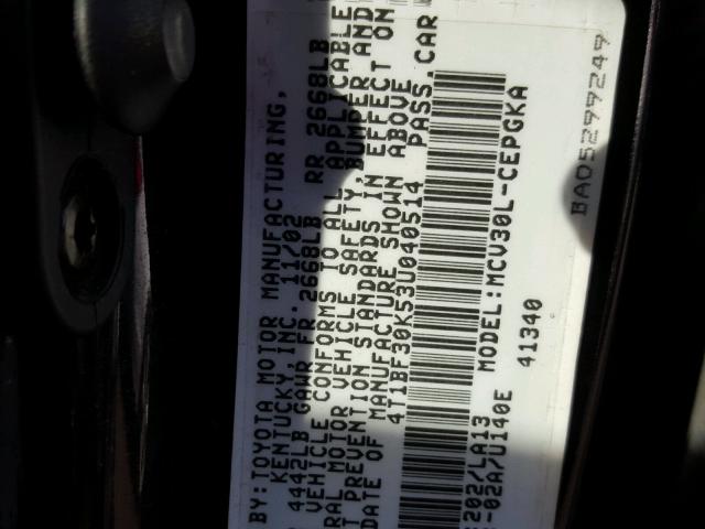 4T1BF30K53U040514 - 2003 TOYOTA CAMRY LE შავი ფოტო 10