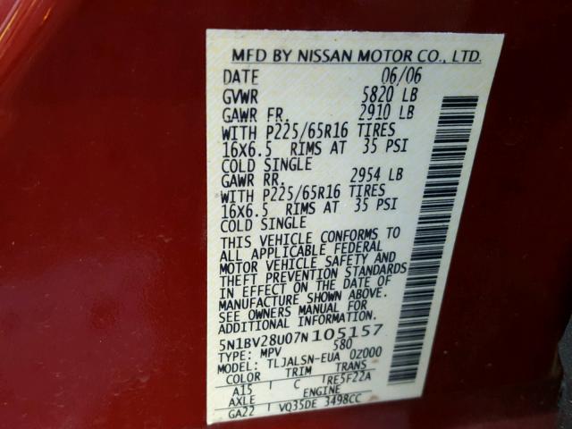 5N1BV28U07N105157 - 2007 NISSAN QUEST S BURGUNDY photo 10