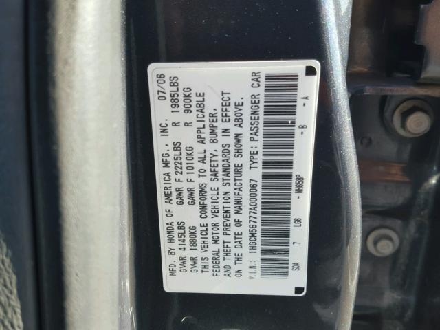 1HGCM56777A000067 - 2007 HONDA ACCORD EX GRAY photo 10