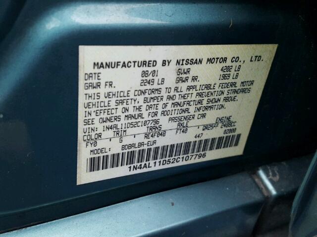 1N4AL11D52C107796 - 2002 NISSAN ALTIMA BAS GREEN photo 10