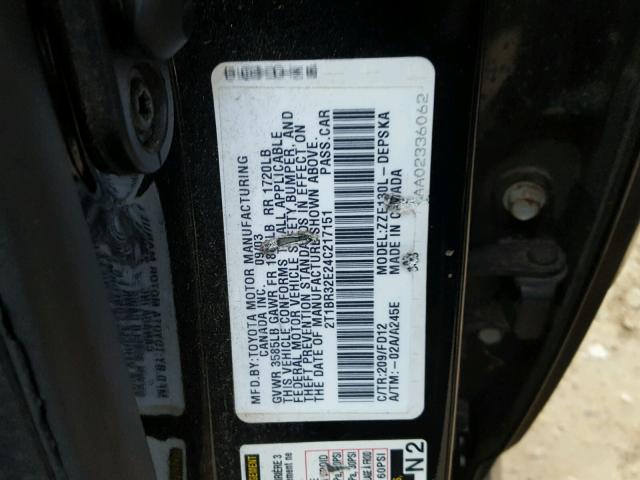 2T1BR32E24C217151 - 2004 TOYOTA COROLLA CE BLACK photo 10