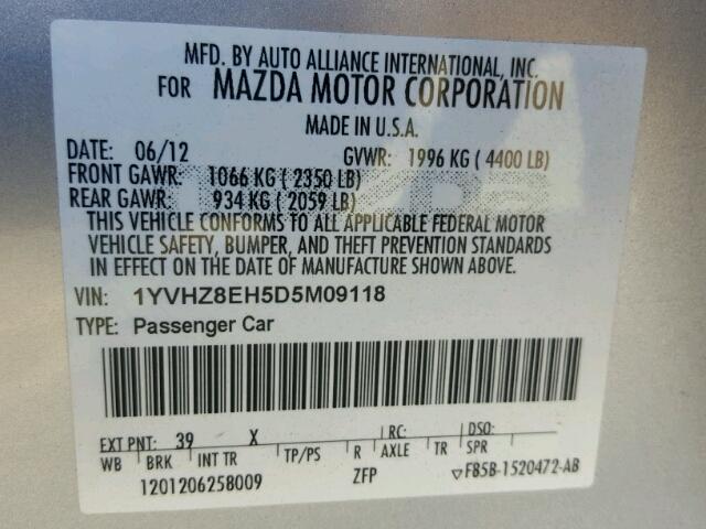 1YVHZ8EH5D5M09118 - 2013 MAZDA 6 TOURING SILVER photo 10