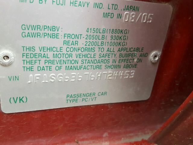 JF1SG63676H724453 - 2006 SUBARU FORESTER 2 RED photo 10