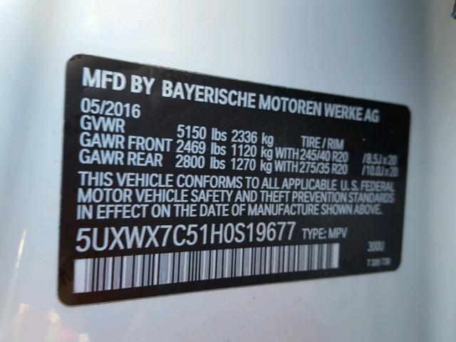 5UXWX7C51H0S19677 - 2017 BMW X3 XDRIVE3 WHITE photo 10