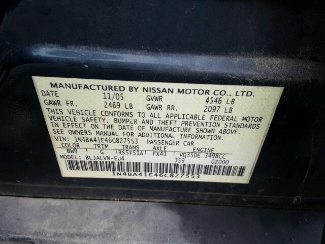 1N4BA41E46C827553 - 2006 NISSAN MAXIMA SE BLUE photo 10