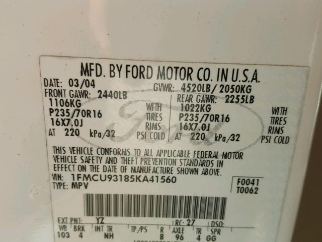 1FMCU93185KA41560 - 2005 FORD ESCAPE XLT WHITE photo 10