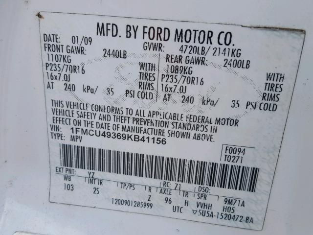 1FMCU49369KB41156 - 2009 FORD ESCAPE HYB WHITE photo 10