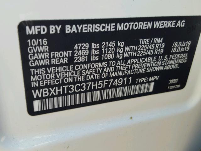 WBXHT3C37H5F74911 - 2017 BMW X1 XDRIVE2 WHITE photo 10