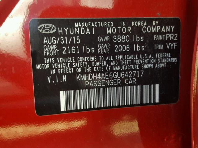 KMHDH4AE6GU642717 - 2016 HYUNDAI ELANTRA SE RED photo 10