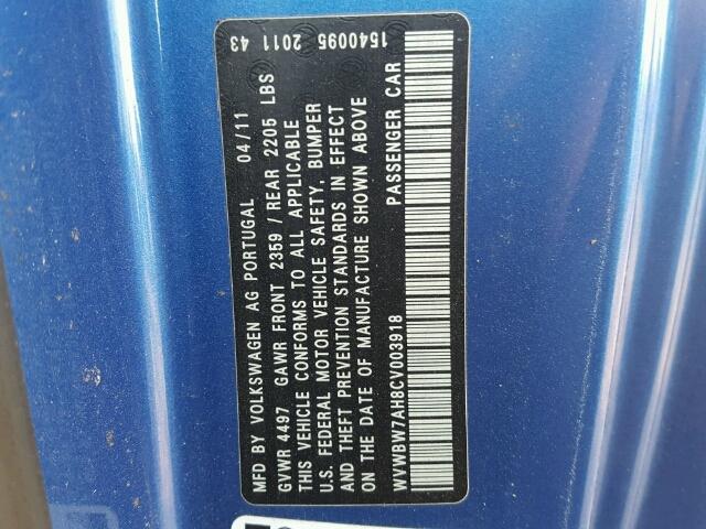 WVWBW7AH8CV003918 - 2012 VOLKSWAGEN EOS KOMFOR 蓝色 照片 10