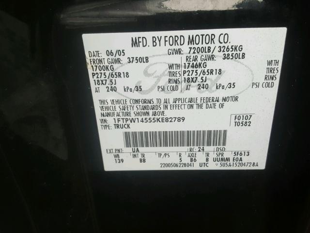 1FTPW14555KE82789 - 2005 FORD F150 SUPER BLACK photo 10