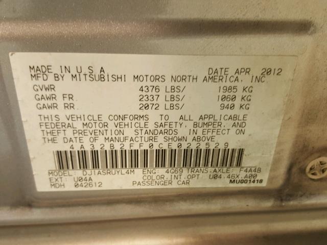 4A32B2FF0CE022529 - 2012 MITSUBISHI GALANT FE GRAY photo 10