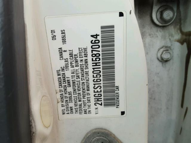 2HGES16501H587064 - 2001 HONDA CIVIC LX WHITE photo 10