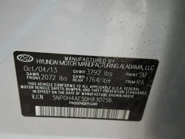 5NPDH4AE5DH430756 - 2013 HYUNDAI ELANTRA GL SILVER photo 10