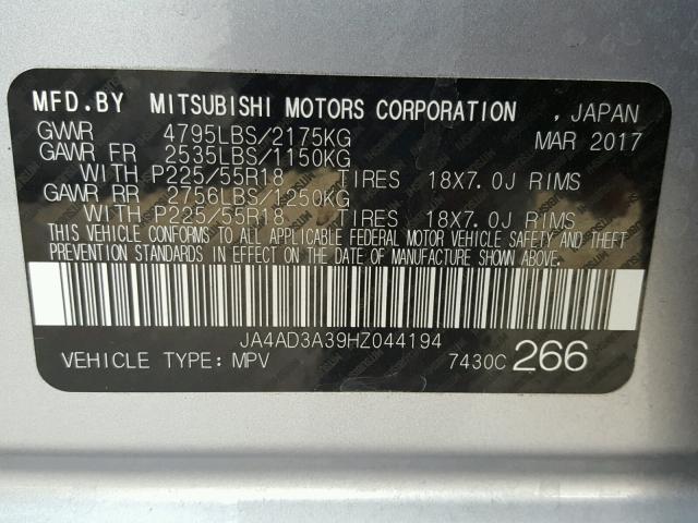 JA4AD3A39HZ044194 - 2017 MITSUBISHI OUTLANDER GRAY photo 10