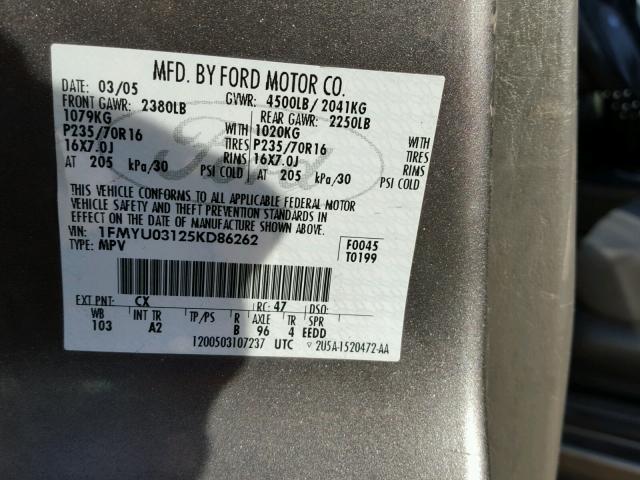 1FMYU03125KD86262 - 2005 FORD ESCAPE XLT GRAY photo 10