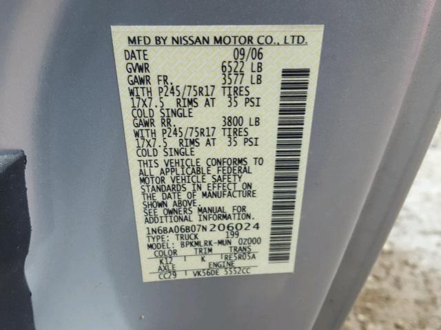 1N6BA06B07N206024 - 2007 NISSAN TITAN XE SILVER photo 10