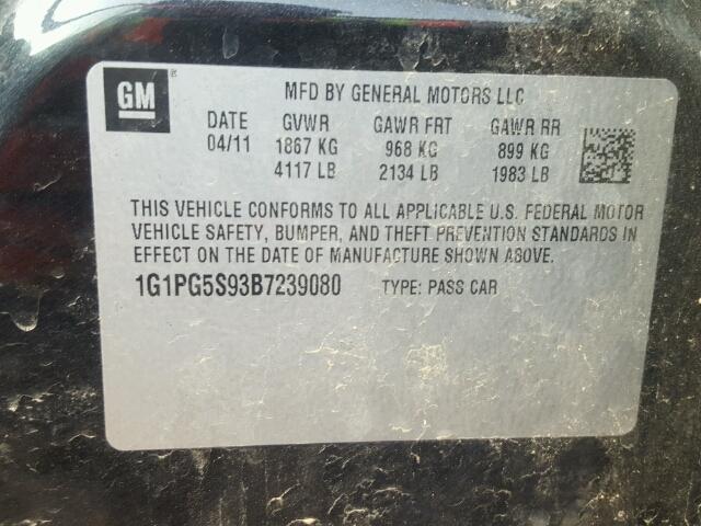 1G1PG5S93B7239080 - 2011 CHEVROLET CRUZE LT BLACK photo 10