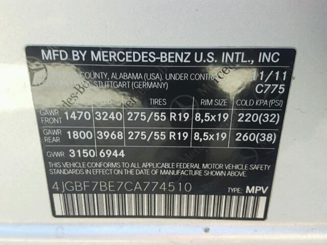 4JGBF7BE7CA774510 - 2012 MERCEDES-BENZ GL 450 4MA SILVER photo 10