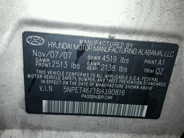 5NPET46F18H390816 - 2008 HYUNDAI SONATA GLS GOLD photo 10