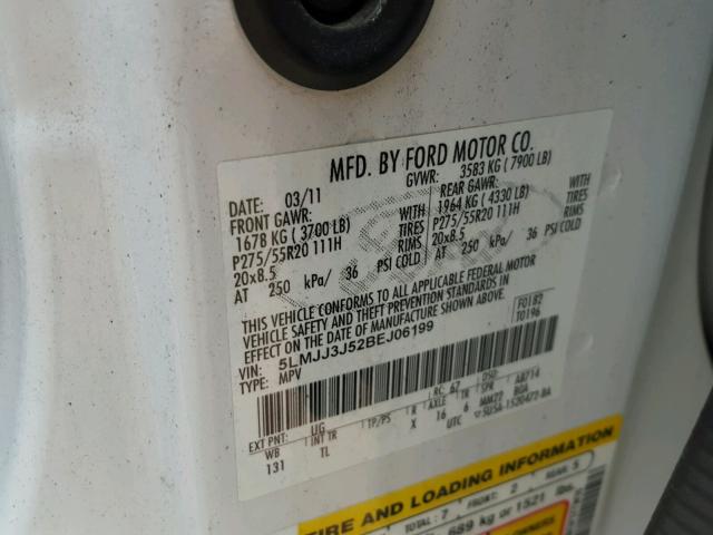 5LMJJ3J52BEJ06199 - 2011 LINCOLN NAVIGATOR 白色 照片 10