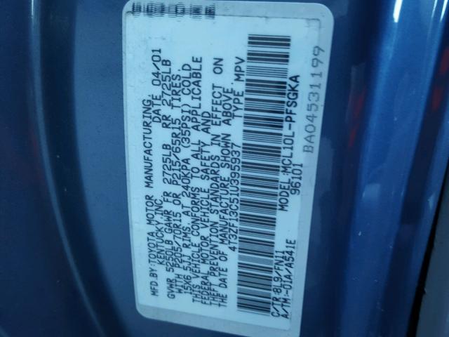 4T3ZF13C51U395937 - 2001 TOYOTA SIENNA LE BLUE photo 10