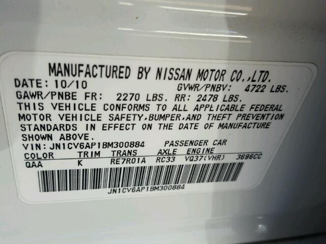 JN1CV6AP1BM300884 - 2011 INFINITI G37 BASE WHITE photo 10