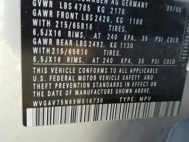 WVGAV75N69W516730 - 2009 VOLKSWAGEN TIGUAN S SILVER photo 10